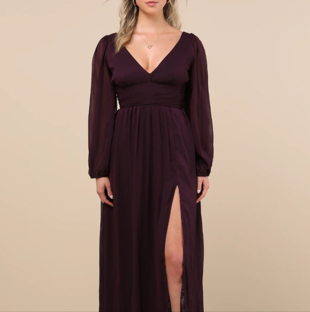Enchant My Love Dark Purple V-Neck Long Sleeve Maxi Dress By Lulus Size L NWT